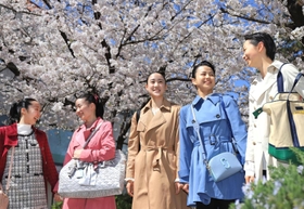 晴れやかな表情で桜のトンネルをくぐる合格者ら＝２９日午前、宝塚市栄町１（撮影・吉田敦史）