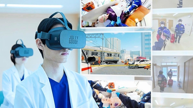 専用のゴーグル型端末を着けて映像を見る（ジョリーグッド提供）