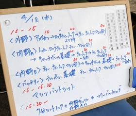 練習メニューが書かれたホワイトボード。時間が小刻みに記される＝神戸市東灘区魚崎北町８