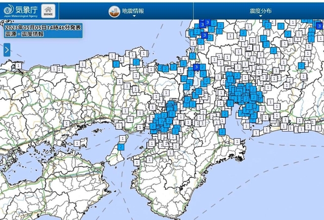 石川県珠洲市で発生した震度６強の地震で、同じ頃に発生した各地の震度を表した地図＝気象庁ホームページより