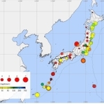 ５月１～１６日に震度１以上を観測した地震の震源、規模などを示した気象庁震度データベース画面。広い範囲で起きていることが分かる