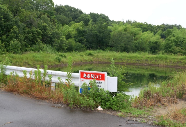 穂坂修ちゃんの遺体が見つかった現場周辺。ため池近くの草陰に、花束と菓子が置かれていた＝２６日、神戸市西区平野町慶明