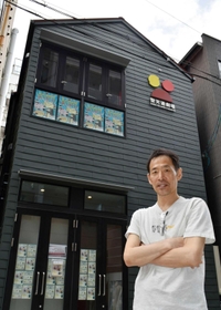 「聖天通劇場」の前に立つ永井秀樹さん＝５月、大阪市福島区