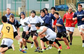 開幕４連勝に向け、激しくコンタクトを重ねる神戸製鋼の選手ら＝神戸市東灘区、神鋼灘浜グラウンド