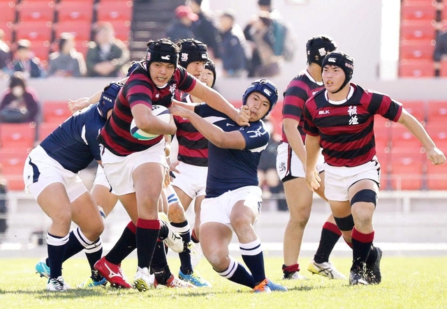 縦横無尽に走ってトライを量産し、大会史上最多の１６２点を挙げた報徳フィフティーン＝大阪府東大阪市、花園ラグビー場（撮影・吉田敦史）