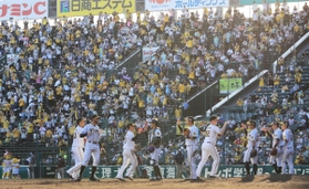 観客数の上限が緩和された甲子園。阪神タイガースの勝利に、久々に客が入ったアルプス席が沸いた＝２１日午後、西宮市の甲子園球場（撮影・鈴木雅之）