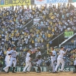 観客数の上限が緩和された甲子園。阪神タイガースの勝利に、久々に客が入ったアルプス席が沸いた＝２１日午後、西宮市の甲子園球場（撮影・鈴木雅之）