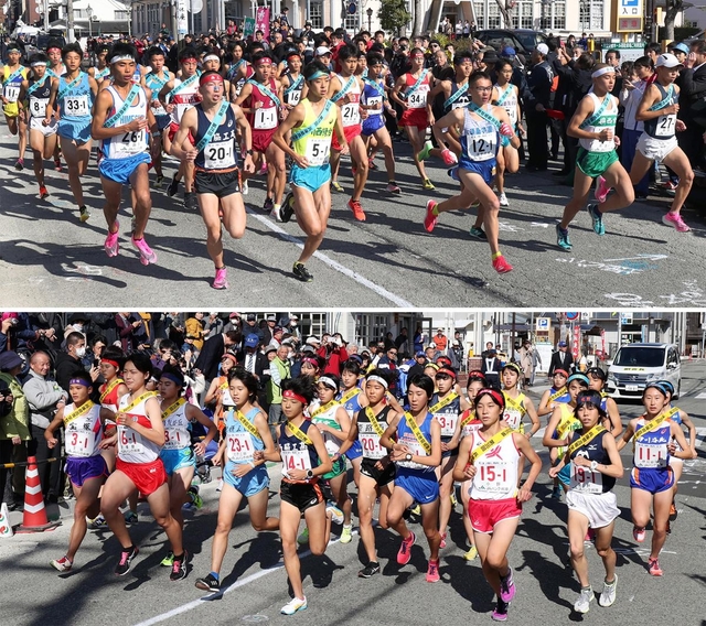 昨年の県大会で勢いよくスタートを切る男子１区のランナー（上）と女子１区のランナー＝丹波篠山市内