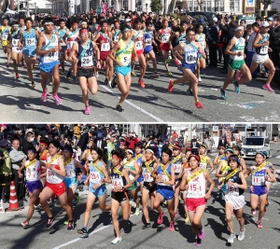 昨年の県大会で勢いよくスタートを切る男子１区のランナー（上）と女子１区のランナー＝丹波篠山市内