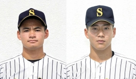 明石商高の中森俊介（左）と来田涼斗