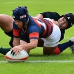 関学-星陵　後半、トライを決める関学の高見＝神戸市須磨区、ユニバー記念競技場（撮影・秋山亮太）