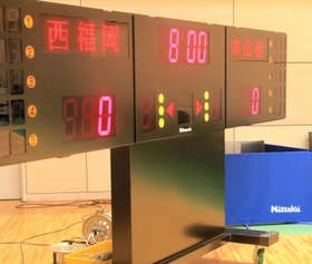 試合開始時刻を過ぎても選手が現れず、ゼロのまま動かないバスケットボール男子準決勝試合会場のスコアボード＝群馬県高崎市、高崎アリーナ