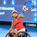 車いすテニス女子シングルス２回戦　ブラジルのメイリコル・ドゥバルにストレート勝ちした上地結衣（撮影・吉田敦史）