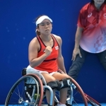 車いすテニス女子シングルス準々決勝で４強入りした上地結衣＝８月３１日、有明テニスの森センターコート（撮影・吉田敦史）