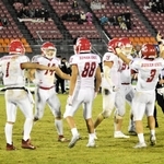 甲南大－桃山学院大　４季ぶりの１部昇格を決め、歓喜に沸く甲南大の選手たち