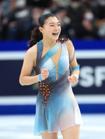 女子ＳＰ　演技を終え、笑顔の坂本花織＝さいたまスーパーアリーナ（撮影・吉田敦史）