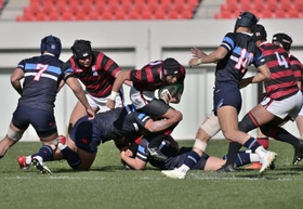 報徳-東海大大阪仰星　前半、激しい攻防戦を繰り広げる報徳フィフティーン＝花園ラグビー場（撮影・秋山亮太）