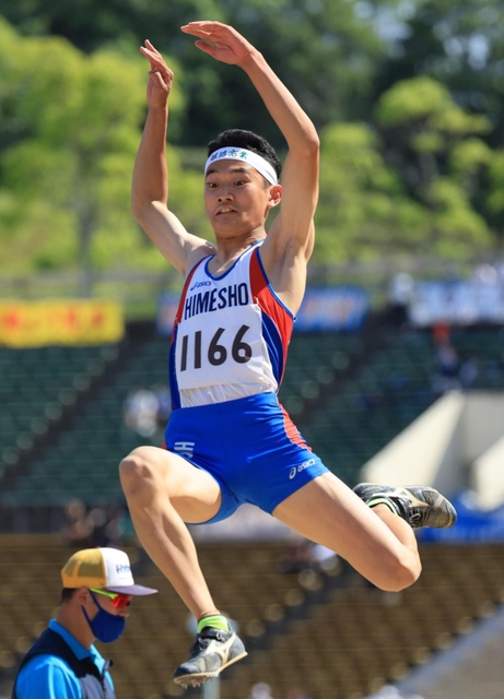 男子走り幅跳び決勝　６回目の跳躍で７メートル７０を記録した姫路商の吉田正道。朝原宣治さんが持つ兵庫高校記録を３２年ぶりに更新した（撮影・吉田敦史）
