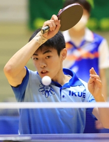 卓球男子団体決勝・育英-滝川第二　第２シングルスを制した育英の山下慧＝姫路市ヴィクトリーナ・ウインク体育館（撮影・吉田敦史）