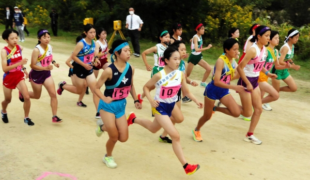 兵庫県高校駅伝阪神地区予選　スタートする女子１区の選手たち＝西宮市の武庫川河川敷