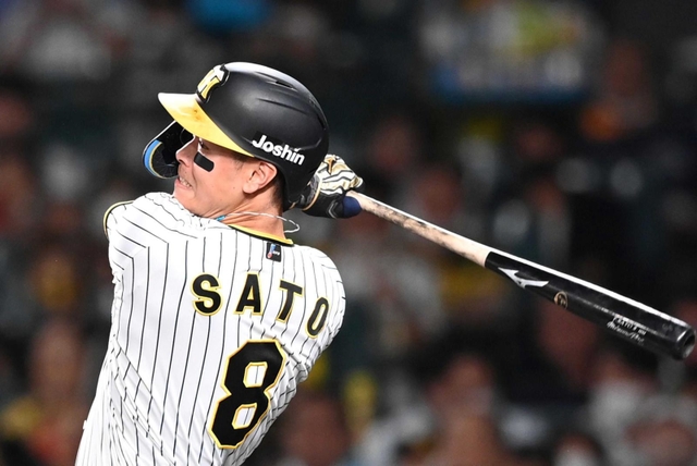 歯を食いしばってフルスイングする阪神の佐藤輝明＝９月１２日、甲子園