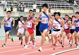兵庫県高校駅伝大会出場権を懸け、号砲と共に駆け出す神戸地区の男子選手たち＝三木総合防災運動公園周回コース