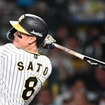 歯を食いしばってフルスイングする阪神の佐藤輝明＝９月１２日、甲子園
