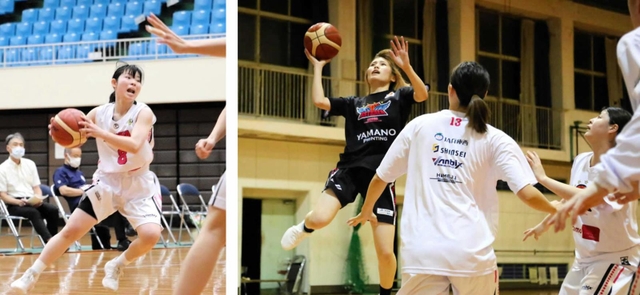 【右】仕事を終えた後、高校の体育館を借りて練習に励むアストライア姫路の選手たち＝日ノ本学園高【左】アストライアのガード城間