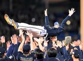 プロ野球の日本シリーズでヤクルトを破って日本一になり、胴上げをされるオリックスの中嶋聡監督＝１０月３０日、神宮球場