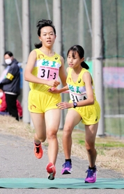 女子・稲美　３区区間２位と好走し、４区長野紗弥（右）にたすきを渡す藤井青緒