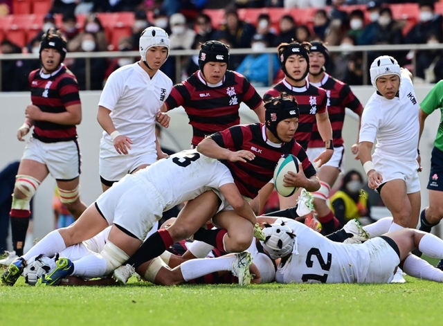 準決勝の天理戦で攻め込む報徳の選手ら＝５日、大阪府東大阪市、花園ラグビー場