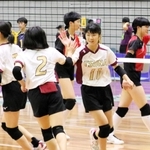 バレーボール女子第５代表決定戦・甲子園-津名　得点を奪って喜ぶ津名の選手たち＝和歌山ビッグホエール