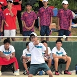 兵庫県中学総体のソフトテニス男子で団体優勝に貢献した姫路ふぁみりーの荻谷（手前）・宮脇組＝７月２６日、吉川総合公園
