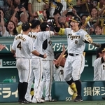 阪神－巨人　６回裏阪神２死三塁、ツーランを放った佐藤（８）を祝福する阪神ベンチのナイン＝１４日、西宮市の甲子園球場（撮影・小林良多）