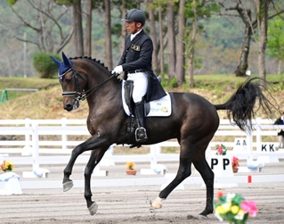 馬術の成年男子馬場馬術で優勝した兵庫の稗田龍馬＝霧島市牧園特設競技場（撮影・斎藤雅志）