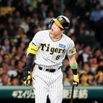 ６回阪神１死一塁、中飛に倒れ悔しがる阪神の佐藤＝甲子園（撮影・山崎　竜）