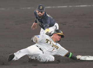 １回裏阪神１死一、三塁、大山が空振り三振の後、オリックスが森下の二盗を阻止する＝２日夜、西宮市の甲子園球場（撮影・風斗雅博）