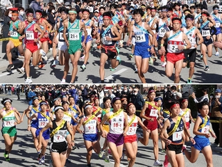 昨年の大会で一斉にスタートする男子（上）と女子＝丹波篠山市内