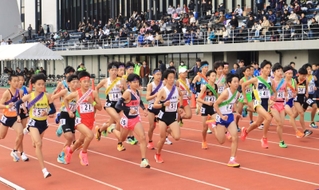 勢いよくスタートする男子の選手たち＝和歌山県田辺市の田辺スポーツパーク陸上競技場