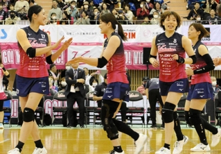 ストレート勝ちを収めて喜ぶ姫路の選手たち＝加古川市立総合体育館
