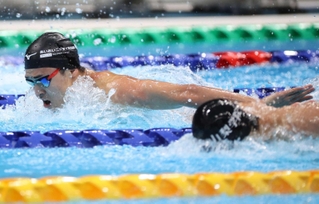 ２０２１年日本選手権の男子２００メートルバタフライ決勝で力泳する幌村尚＝東京アクアティクスセンター