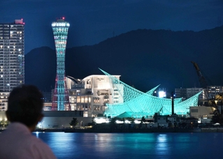 神戸ストークスのチームカラーの緑色に染まった神戸ポートタワーや神戸海洋博物館＝１７日夜、神戸市中央区港島２から（撮影・風斗雅博）