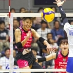 スパイクを放つ姫路の田中咲希＝１０月１９日、姫路市のヴィクトリーナ・ウインク体育館
