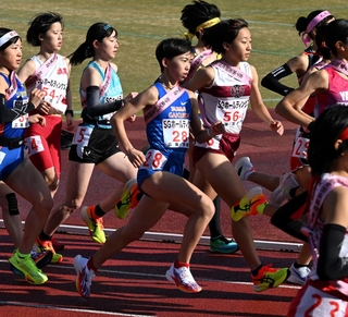 スタートを切る須磨学園の金子聖奈（２８）＝２２日午前、京都市のたけびしスタジアム京都（撮影・斎藤雅志）