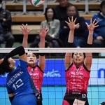 バレーボール全日本選手権の決勝でプレーする姫路の伊藤麻緒（右）＝２１日、Ａｓｕｅアリーナ大阪
