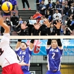 男子予選リーグ・宮城-兵庫　ブロックに跳ぶ兵庫の安藤（２）。１９０センチの高身長を誇る＝Ａｓｕｅアリーナ大阪