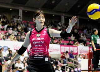 ２日のＫＵＲＯＢＥ戦で、サーブに入る姫路の井上愛里沙（右）＝姫路市西延末、ヴィクトリーナ・ウインク体育館