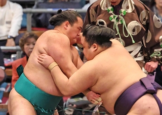 新十両として大相撲春場所で風賢央（右）と対戦する大辻＝９日、エディオンアリーナ大阪（撮影・笠原次郎）