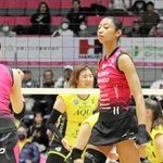 得点を決めてポーズを取る姫路の宮部藍梨（右）＝２日、姫路市ヴィクトリーナ・ウインク体育館