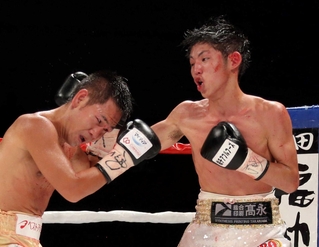 ２０１６年のＷＢＯミニマム級王座決定戦で高山勝成（左）と対戦した加納陸＝三田市内（撮影・山口登）